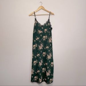 Long Green Floral Rose Spaghetti Strap Slip Dress